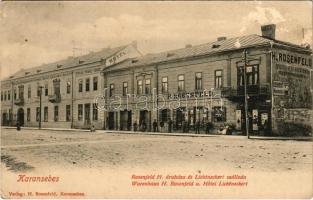 1918 Karánsebes, Caransebes; H. Rosenfeld üzlete és saját kiadása, Lichtneckert szállodája a zöld fához, Merzig üzlete / street, shop, hotel (felszíni sérülés / surface damage)