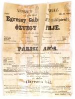 1857 Nemzeti Színház színházi plakátja- Egressy Gábor az Özvegy férje c Dumas darabban Szemere Pál Párisi adós c. műve. Sérült, vászonra kasírozva. 25x33 cm