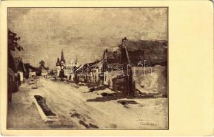 Lakszakállas, Sokolce; Az én falum. Csallóközi Farkas Lőrinc olajfestménye. Magyar Nemzeti Művészet kiadása / village in Zitny Ostrov, art postcard s: Csallóközi Farkas Lőrinc (kis sarokhiány / small corner shortage)