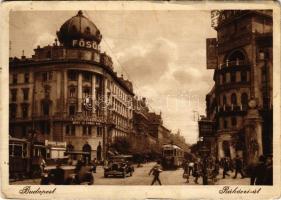 Budapest VIII. Rákóczi út, villamosok, Blaha Lujza tér, Fősör, Fanto benzin, Gyógyszertár, automobil, villamos Harang szappan reklámmal, Takarékpénztár, kerékpáros (kis szakadás / small tear)