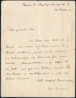 1891.X.20 Ola Hansson (1860-1925) svéd-német költő autográf levele Gerő Ödön újságírónak, műkritikusnak német nyelven, Berlinből küldve. Megkéri Gerőt, hogy az által alapított Élet c. folyóirat legutóbbi számában megjelent Ausgeschlossen c. novellájáért valamint felesége, Laura Marholm német (1854-1928) írónő Der Bauer in der Literatur c. írásáért küldje el a honoráriumot. Említi, hogy egész télen keresztül Berlinben tartózkodnak. 1 beírt oldal, hajtásnyommal/ Autograph letter in German of Ola Hansson (1860-1925) Swedish-German poet to Ödön (Edmund) Gerö, Hungarian journalist, critic, sent from Berlin, Germany. He asks Gerő for paying for his short story Ausgeschlossen and his wife Laura Marholms (1854-1928) text Der Bauer in der Literatur, which were published in the journal Élet, founded by Gerő. He mentions that they will stay in Berlin during winter. 1 hand-written page, with some creases.