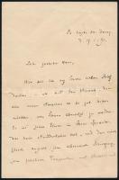 1891.I.17 Ola Hansson (1860-1925) svéd-német költő autográf levele Gerő Ödön újságírónak, műkritikusnak német nyelven. Az a kívánsága, hogy novellái mind olyan nívósan legyenek fordítva, mint Gerő által. Nagyon jól esik neki, hogy a Nietzsche-közösség a kávéházban olvassa írásait és örül a levélben Budapestről érkező visszajelzéseknek. Említi levelében mein kleiner Übermensch, ezzel Friedrich Nietzsche filozófust ist értheti, akiről Hansson 1890-ben könyvet írt. Felveti annak lehetőségét, hogy novellái könyv formában jelenjenek meg Magyarországon. Említi az Élet c. folyóiratot és annak megjelenő próbaszámát, amelyet Gerő 1891-ben alapított. Röviden említi, hogy Bródy Zsigmond (1840-1906) újságíró, lapszerkesztő és -kiadó, főrendiházi tagnak is írt levelet. 4 beírt oldal, hajtásnyommal/ Autograph letter of Ola Hansson (1860-1925) Swedish-German poet to Ödön (Edmund) Gerö, Hungarian journalist, critic in German languague. He wishes that others would translate his works as good as Gerő. He expresses his joy that the the Nietzsche-community in the café reads his works and is happy about receiving letters from Budapest. He mentions in his letter mein kleiner Übermensch and is very likely that he thinks of german philosopher Friedrich Nietzsche. Hansson wrote a book on Nietzsche in 1890. Gerő distributed Nietzsches ideas in the journal Élet, which he founded. 4 hand-written pages, with some creases.