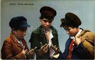 Napoli, Giuoco della morra / Neapolitan boys playing Morra, Italian hand game, folklore. Ed. C. Cotini