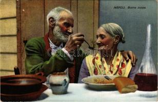 Napoli, Buona zuppa / old Neapolitan couple eating soup, Italian folklore. Ed. C. Cotini