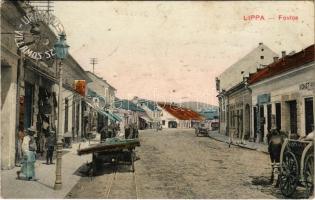 1916 Lippa, Lipova; Fő utca, Uránia villamos színház, mozi, lovaskocsi, sín, Konstantin üzlete / main street, shops, cinema, horse cart + Lippai Vörös-Kereszt Egyesület Kisegítő Kórháza