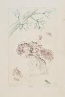 Almásy Aladár (1946-): Rózsatangó. Rézkarc, papír, jelzett, számozott (28/100), enyhén foltos, üvegezett keretben, 39×29 cm