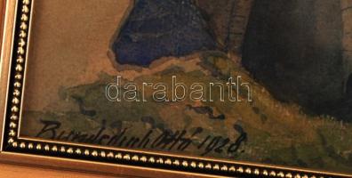 Bundschun Ottó (1885-?): Pomáz 1928. Akvarell, papír, jelzett, üvegezett keretben, 27×39 cm