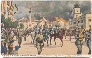 1916 Bevonulás Varsóba / Der Einzug in Warschau / WWI K.u.K. military art postcard, entry to Warsaw (wet damage)