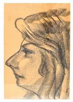 V jelzéssel: Női portré. Szén, papír, üvegezett keretben, 28,5x19,5 cm