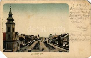 1903 Arad, Andrássy tér, Minorita templom, városi vasút. Bloch H. nyomdája kiadása / square, church, urban railway (EM)