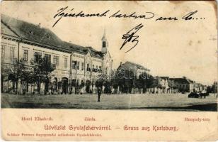 1903 Gyulafehérvár, Karlsburg, Alba Iulia; Hunyadi tér, Hotel Elisabeth (Erzsébet szálloda), zárda. Schäser Ferenc fénynyomdai műintézete kiadása / square, hotel, nunnery (fa)