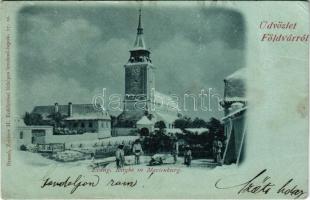 1899 Barcaföldvár, Földvár, Marienburg, Feldioara; Evangélikus templom télen. Zeidner H. kiadása. Erdélyrészi látképes levelezőlapok 17. sz. / Lutheran church in winter (vágott / cut)