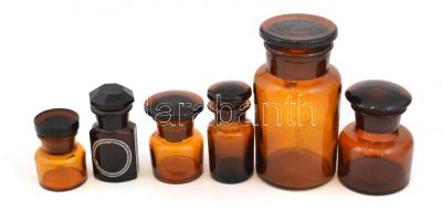 Régi gyógyszeres üvegek, 6 db, változó állapotban, lepattanással, kis karcolásokkal, kis kopásokkal,...