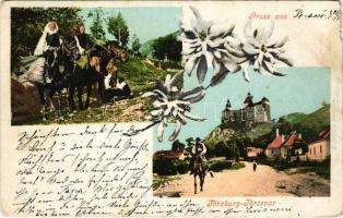 1900 Törcsvár, Törzburg, Bran-Poarta, Bran; asszonyok lóháton, erdélyi folklór, vár, kastély / Castelul / women on horseback, Transylvanian folklore, castle. Floral (EM)