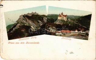 Barcaság, Burzenland, Tara Barsei; Rosenauer Burg, Törzburg / Barcarozsnyó vára, Törcsvár. Kiadja G. A. Seraphin / Cetatea Rasnov, Castelul Bran (Bran-Poarta) / castles of Tara Barsei (EM)