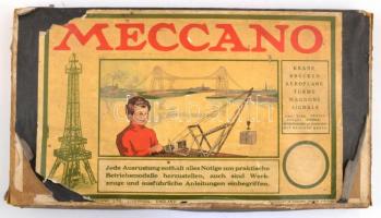 cca 1910-1930 Meccano fém építőjáték eredeti dobozában, szakadt német nyelvű leírással, hiányos
