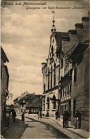 1909 Nagyszeben, Hermannstadt, Sibiu; Quergasse mit Cafe Restaurant unicum / utca, Kirscher Unicum Kávéháza és étterem / street, cafe and restaurant (EK)