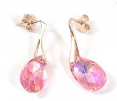 Ezüst(Ag) rózsaszín üveg kővel díszített fülevalópár, jelzett, h: 3 cm, bruttó: 2,6 g