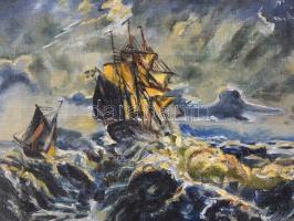 Jelzés nélkül. Vitorlások viharban. Olaj, vászon, enyhén sérült, 18x21,5 cm