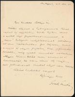 1910 Gratz Gusztáv Adolf (1875-1946.) publicista, gazdasági szakember és történetíró, később pénzügy és külügyminiszter autográf levele, melyben a Gyáriparosok Szövetségének elnöksége miatti elfoglaltságokra hivatkozva utasít el egy cikk írásra való felkérést.