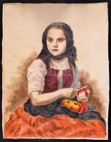 Glatz Oszkár (1862-1958)-Prihoda István (1891-1956): Almát hámozó lány. Színezett rézkarc, papír, jelzett, körbevágva, 36x28 cm
