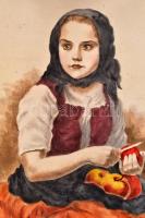 Glatz Oszkár (1862-1958)-Prihoda István (1891-1956): Almát hámozó lány. Színezett rézkarc, papír, je...