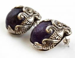 Ezüst(Ag) halas fülbevalópár ametiszt kővel, jelzett, d: 2,5 cm, bruttó: 23,6 g