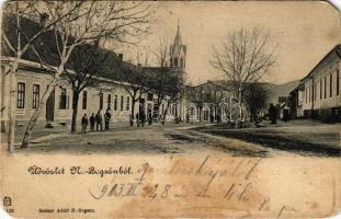 1903 Boksánbánya, Németbogsán, Deutsch-Bogsan, Bocsa Montana; utca, Görögkatolikus templom, üzletek. Rosner Adolf kiadása / street view, Greek Catholic church, shops  (EM)