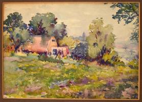 Jelzés nélkül: Háza a kert alján. Akvarell, papír, paszpartubab, 25,5x36 cm