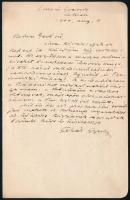 1904 Pekár Gyula (1867-1937) író, politikus, autográf levele Gerő Ödön (1863-1939) újságírónak, esztétának, melyett két megküldött cikkéhez mellékelt. Az egyikben a magyar primitívekről ír, a másikat pedig a Rákóczi kor udvari festőiről írta. Egy beírt oldal