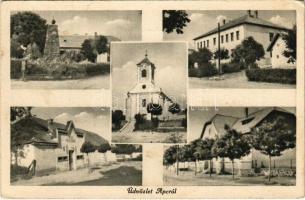 1949 Apc, mozaiklap: Római katolikus templom és iskola, Kultúrház, Millenniumi emlékmű, Községháza (EK)