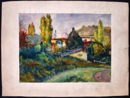 Olvashatatlan jelzéssel: Házak a fák mögött. Akvarell, papír, 28,5×38,5 cm