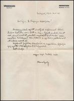 1939 Komor Gyula (1867-1943) szinikritikus, a Vígszínház fejléces levélpapírján írt autográf kondoleáló levele Gerő Ödön (1863-1939) műkritikus, esztéta feleségének. Borítékkal.