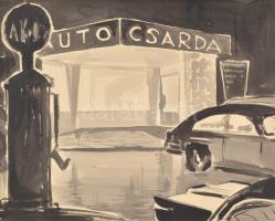 Jelzés nélkül: Auto csárda. Akvarell, papír, fa kereteben, 38,5x48,5 cm