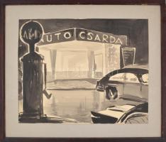 Jelzés nélkül: Auto csárda. Akvarell, papír, fa kereteben, 38,5x48,5 cm