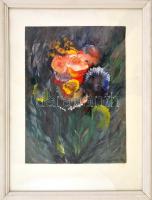 Körtvélyessy Magda (1930 k.-): Virágok. Olaj, papír, kartonra kasírozva, jelzett, hátoldalán dedikál...
