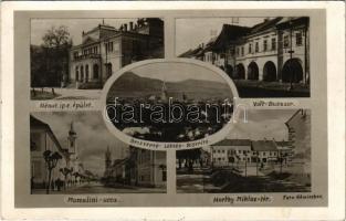 1944 Beszterce, Bistritz, Bistrita; Horthy Miklós tér, Mussolini utca, Német ip. e. épület, Volt Búzasor, üzletek / square, street, shops. Foto Römischer