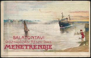 1910 A Balatontavi Gőzhajózási Részvény-Társaság illusztrált menetrendje, kihajtható, szecessziós ornamentikával díszített Balaton térképpel, Milleker Lajos éttermei és kávéháza Balatonfüred reklámmal, enyhén foltos, 33x13cm.