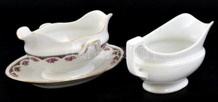 2 db porcelán szószos tál, egyik Zsolnay, kopásnyomokkal, hajszálrepedéssel, lepattanással