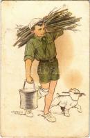 A cserkész híven teljesíti kötelességeit. Kiadja a Magyar Cserkészszövetség Nagytábortanács 1926. / Hungarian boy scout art postcard s: Márton L. (fl)