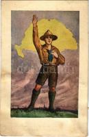 1925 Nem, nem, soha! A Magyar Lapvállalat kiadása. Apostol nyomda / Hungarian irredenta propaganda boy scout art postcard, Trianon s: Györgyfy Gy. (ragasztónyom / glue marks)