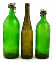 Régi Tokaji boros és 2 db csatos vizes üveg, m: 30 és 33 cm között