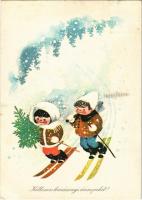 1981 Kellemes Karácsonyi Ünnepeket! / Christmas greeting card with skiers, winter sport. Képzőművészeti Alap Kiadóvállalat s: Kecskeméty Károly (EK)