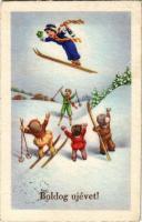 1940 Boldog Újévet! / New Year greeting card with skiing children, winter sport