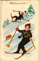 1940 Boldog Újévet! / New Year greeting card with skiing children, winter sport (EK)