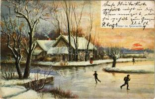 1902 Winter im Spreewalde / ice skating, winter sport. Gebrüder Grunert Künstlerkarte Serie I. Spreewald-Bilder (small tear)