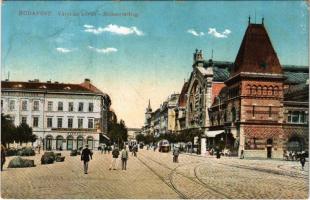 1914 Budapest IX. Vámház körút, Vásárcsarnok, villamosok, Nádor szálloda és kávéház, Koszorúszalag nyomda (fl)