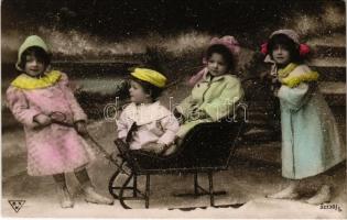 1907 Christmas greeting card, children with sled, winter sport. B.N.K. 32730/5.