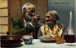 Napoli, Buona zuppa / old Neapolitan couple eating soup, Italian folklore. Ed. C. Cotini (EK)