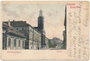 1909 Szatmárnémeti, Szatmár, Satu Mare; Kazinczy utca, zárda, üzlet. L.D.F. 130. / street view, nunnery, shop (ázott / wet damage)